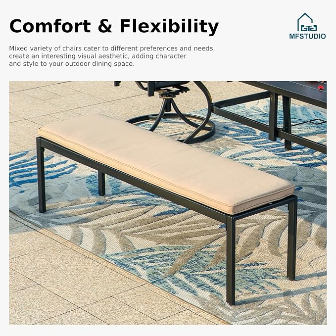 MFSTUDIO Patio Dining Set for 6, Outdoor Dining Set with 1 Bench, 2 Swivel Chairs, 2 Leg Chairs and 1 Rectangle Table