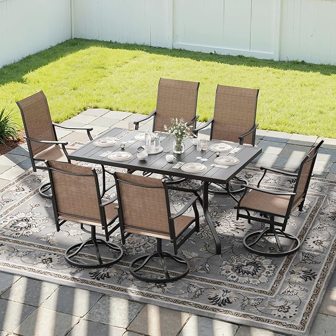 Soohow Outdoor Dining Set for 6, 7-Piece Patio Table and Chairs Set, 6 x Swivel Patio Dining Chairs with Textilene Fabric and 60"x35" Outdoor Table with 1.57" Umbrella Hole for Backyard, Poolside