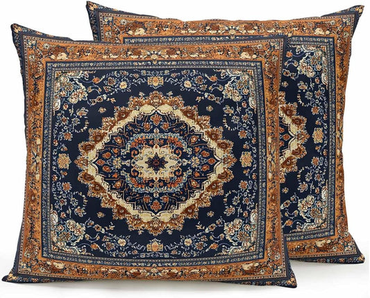 Outdoor Pillows with Inserts Set of 2 18x18, Blue Burnt Orange Boho Waterproof Outdoor/Indoor Throw Pillows, Antique Southwestern Tribal Decorative Pillow for Bed Couch Sofa Patio Furniture