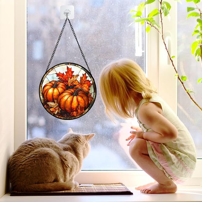 DASTOLL Stained Glass Window Hanging, Pumpkin Maple Leaf Suncatcher for Doors Home Sun Catchers Decoration and Christmas, Mother's Day Birthday Gifts for Women, Men, and Mom 6.3 in