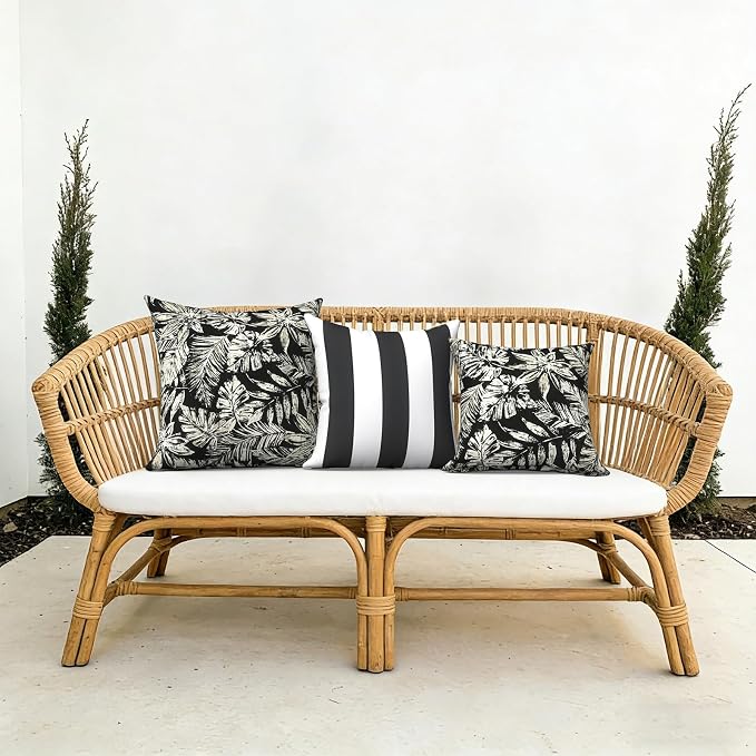 Outdoor Pillows with Insert 16x16 Inch, Waterproof Throw Pillow for Patio Furniture, Decorative Back Cushion for Garden Home Sofa Office Chair, Set of 2, Tropical Leaf Black
