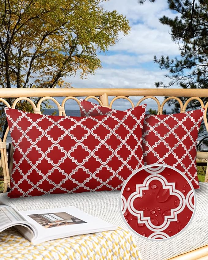 Outdoor Waterproof Pillow Covers for Patio Furniture Moroccan Pattern Decorative Throw Pillow Cover Geometric Trellis Red Pillowcases Set of 2 Cushion Case for Sofa Couch Chair Home Decor 20x12 inch
