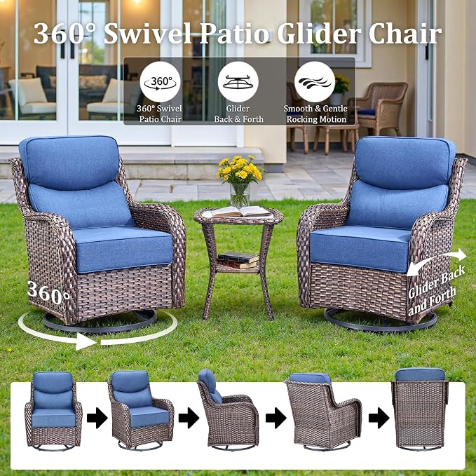 Luxury High Back Patio Furniture Set with 6-Inch Thick Cushions, 5-Pieces Outdoor Furniture with Swivel Chairs, Wicker Conversation Set for Porch, Balcony, Deck and Yard, Brown/Blue