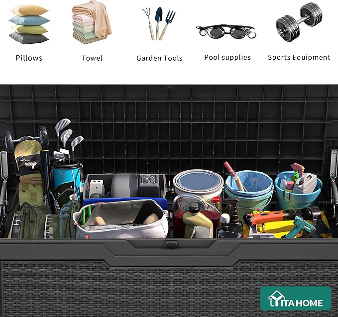 YITAHOME 80 Gallon Outdoor Storage Box, Large Water Resistant Resin Deck Box, Indoor Outdoor Lockable Rattan Storage Container for Patio, Garden, Cushions, Tools, Equipment (Dark Gray)