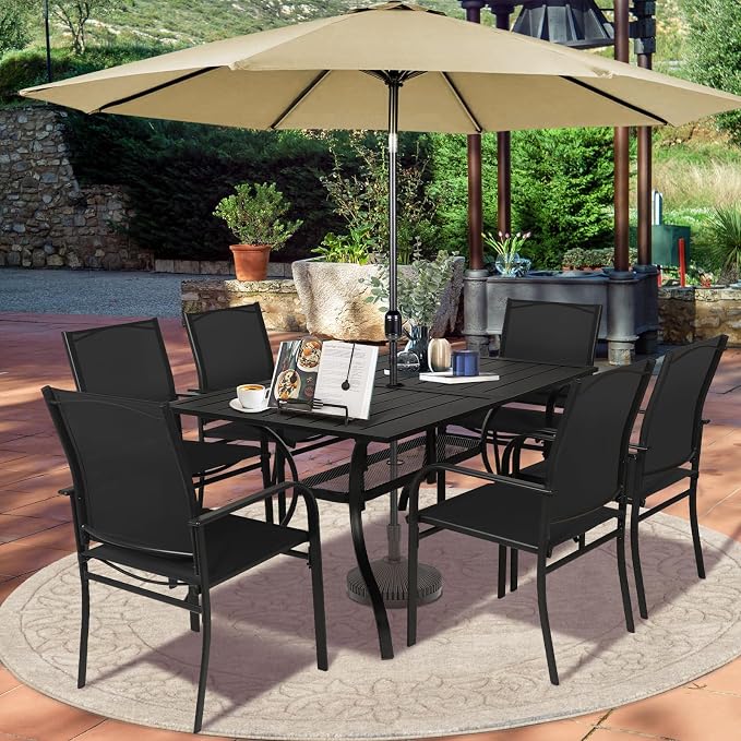 SUNCROWN 8 - Piece Outdoor Dining Set, Patio Furniture Set with 6 Textilene Dinning Chairs, 1 Rectangle Metal Table and 1 Brown 9Ft Patio Umbrella for Lawn Garden Backyard Deck, Black
