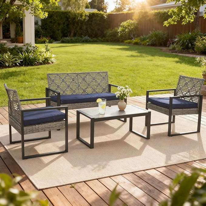 COOS BAY Haven Lounge 4 Piece Rattan Patio Furniture Set, Outdoor Wicker Patio Conversation Set for Balcony & Backyard, Light Gray/Blue