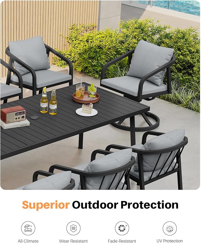 9-Piece Outdoor Dining Set for 8, Never-Rust Aluminum Patio Dining Set with 2 Swivel Chairs, Outdoor Table and Chairs with Removable Cushions, Patio Furniture Set for Deck, Garden, Lawn, Black