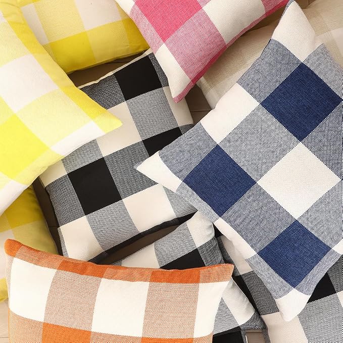 CARRIE HOME Yellow Buffalo Plaid Summer Outdoor Pillow Covers 18x18 Set of 2, Yellow Checkered Decorative Couch Pillow Covers 18 x 18, Front and Back Porch Decor Pillows for Patio Furniture