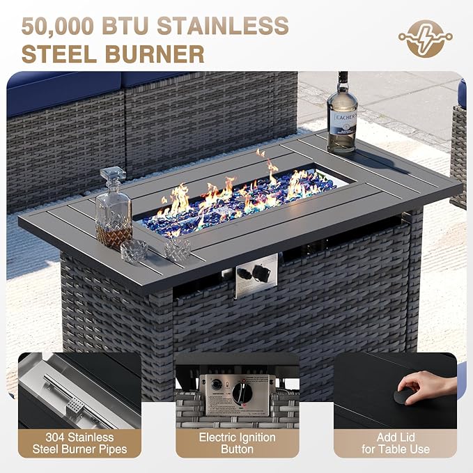 Aoxun Patio Furniture Sets, 8-Piece Outdoor Patio Furniture with 44'' Propane Gas Firepit Table, Wicker Outdoor Conversation Set Sectional Sofa for Backyard, Poolside, Garden
