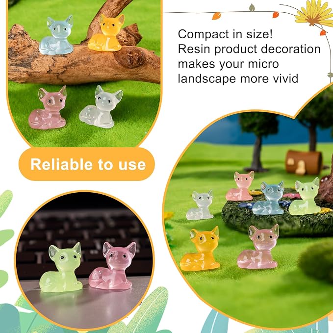 60 pcs Mini Resin Fox Many Styles Variety Tiny Luminous Animals Figures Miniature Little Small Animal Figurines Bulk for Micro Fairy Garden Landscape Accessories Hide Crafts Decor Aquarium