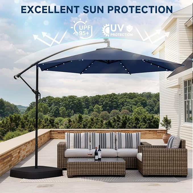 10FT 40-LED Solar Lighted Patio Umbrella with Base Included, Outdoor Offset Cantilever Umbrella, Infinite Tilt, UV Protection for Backyard, Lawn, Garden & Pool