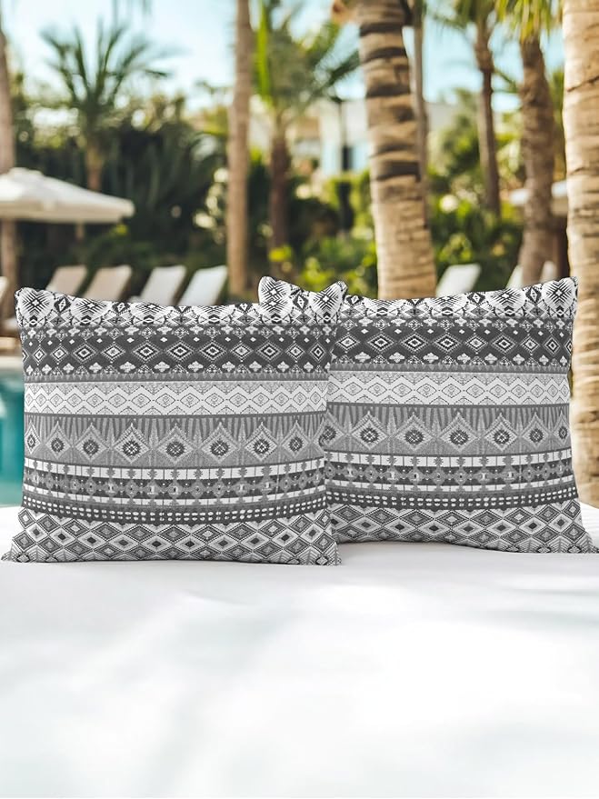 Waterproof Outdoor Pillow Set of 2 Black Bohemian Decorative Throw Pillows Cover & Insert 18x18 Inch Pillowcase Boho Style Floral Leaves Geometric Pillows for Couch Sofa Bed Patio Furniture