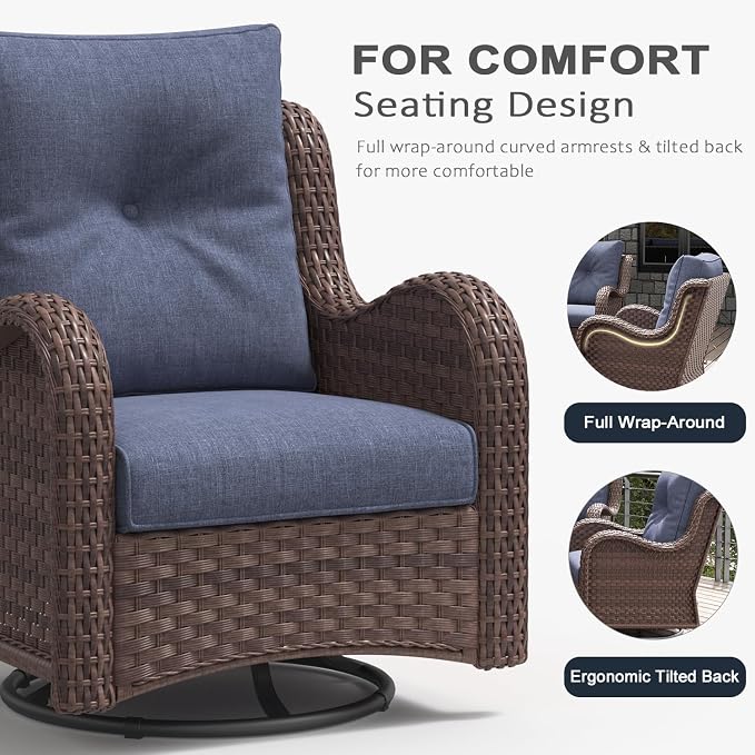 LayinSun 7 Pieces Outdoor Patio Furniture Set, Rattan Wicker Sectional Swivel Rocker Chairs Sets with Ottomans, Swivel Glider Chairs and Coffee Table