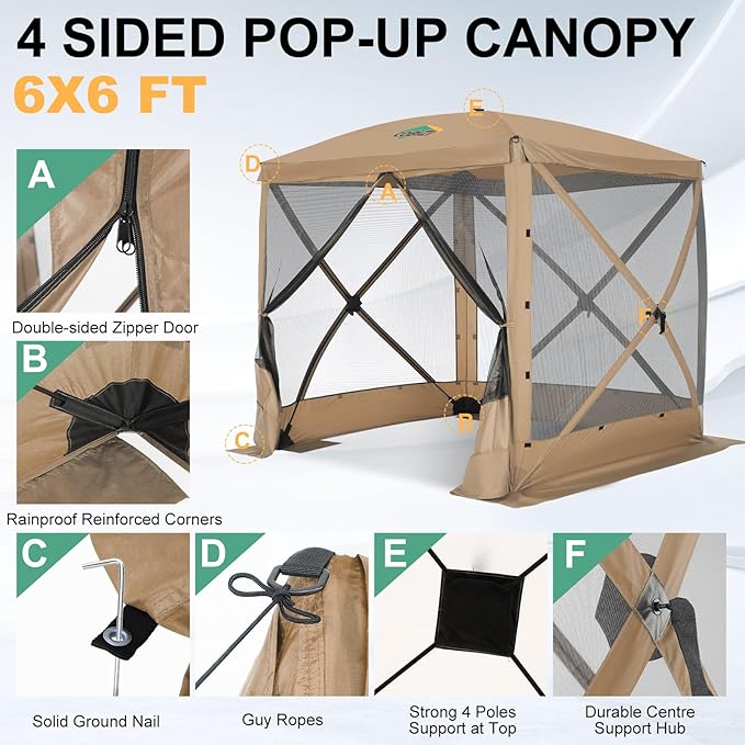 COBIZI 6x6 FT Pop up Gazebo, Popup Canopy Tent, Screened in Gazebos, Waterproof Portable Outdoor Small Screen Tents Sun Shelter,carpas para Patio for Camping, Garden and Backyard,Khaki
