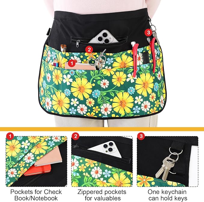 Gardening Apron for Women, Waterproof Half Florist Apron with 7 Pockets, Adjustable Harvesting Aprons
