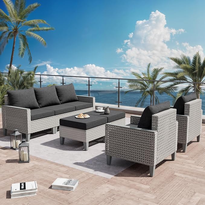 7 Pieces Patio Furniture Set with Ottomans, Modern Outdoor Sectional Sofa with Comfy Cushions, Modular Wicker Rattan Patio Conversation Set for Garden Poolside Deck, Black