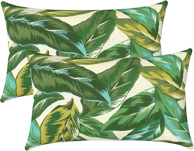 LVTXIII Outdoor/Indoor Lumbar Pillows, Decorative Patio Lumbar Cushions, Fluffy Water Repellent Garden Cushions for Home Patio Coach Sofa Use, 12×20 Inch, Pack of 2, Lush Leaf Jungle