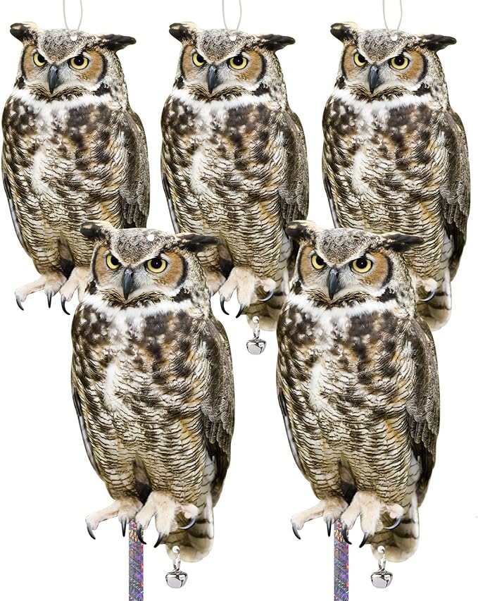 5PCS Plastic Owl to Scare Woodpecker for House Tree Fake Owl to Keep Pigeon Squirrel Away from Balcony Outdoor Flat Garden Owl with Reflective Tape for Yard Window Patio Porch