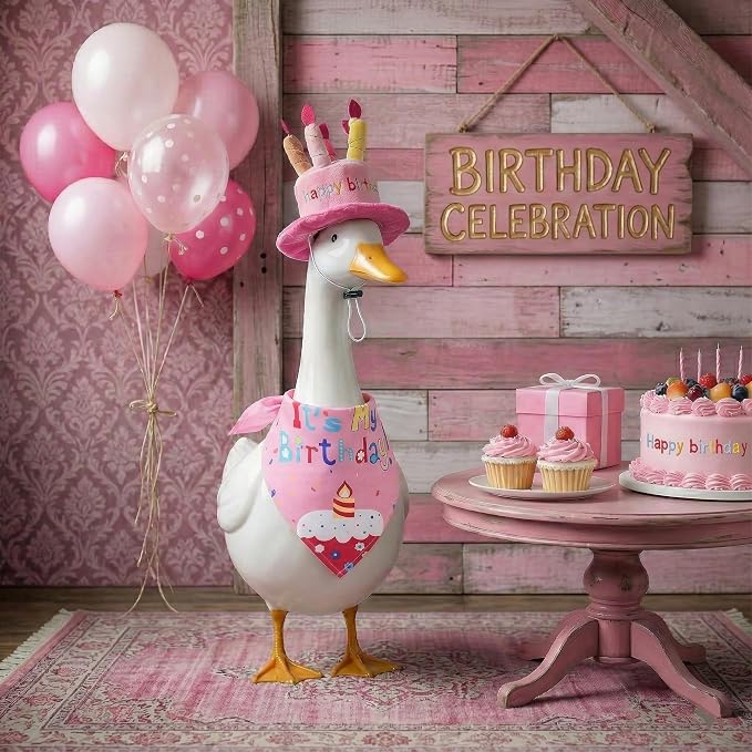 Happy Birthday Goose Outfit Porch Goose Outfits with Happy Birthday Cake Hat and Bandana Yard Geese Outfits for 23" 17" Cement/Plastic Porch Goose Outdoor Statue Patio Yard Lawn Art (Pink)