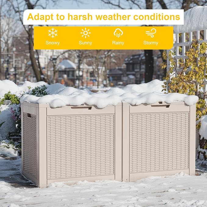 PatioZen 31 Gallon Wicker Pattern Resin Deck Box, Lockable Patio Outdoor Storage Box for Furniture, Garden Tools and Tools Storage, Waterproof Outside Storage Box (Grey)