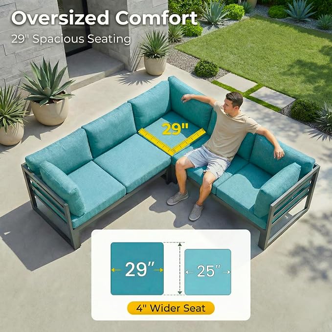 RADIATA 6 Person Modern Aluminum Outdoor Patio Furniture Set with Fireplace, 29 inch Wide Deep Seating, Fade Resistant L-Shaped Sectional Couch, Plus Size Conversation Set for Backyard Terrace, Teal