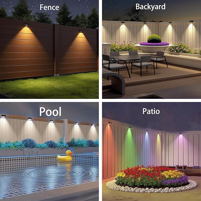 Solar Fence Lights,10 RGB Color Changing Modes,Solar Lights Powered Waterproof IP65,30 Hours Runtime,Easy Installation for Fence,Garden,Yard,Patio,Pool,Porch,Holiday Decor(2P)