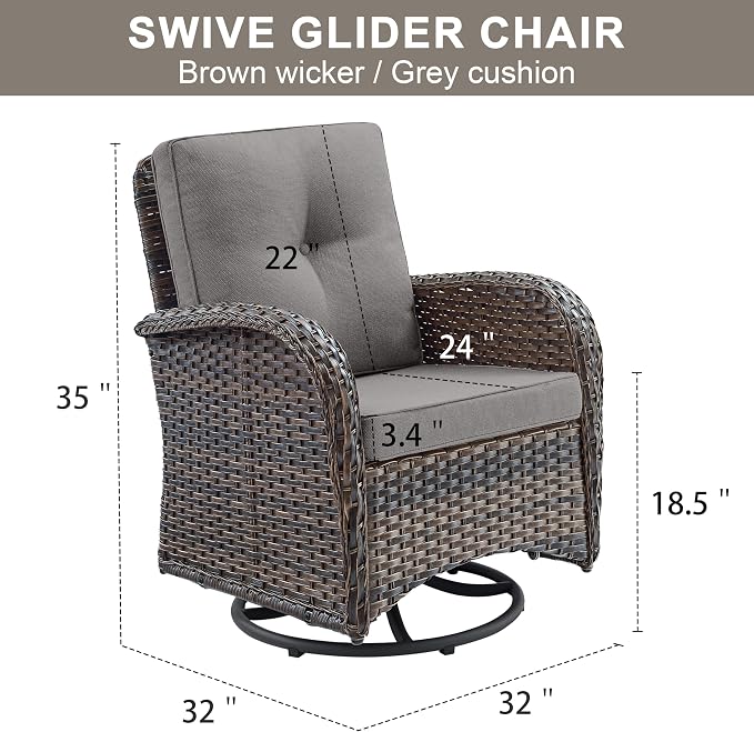 2 in 1 Porch Glider Swivel Chair - Wicker Patio Furniture Outdoor Swivel Rocker Chair with Thick Cushion, 300 Lb Weight Capacity Patio Swivel Glider Seating - Brown Wicker, Grey Cushion