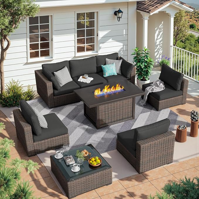 8 Piece Patio Furniture Set with Fire Pit Table, Outdoor Sectional Sofa PE Rattan, Patio Conversation Sets with Cushions for Garden Lawn Balcony Porch Deck Black