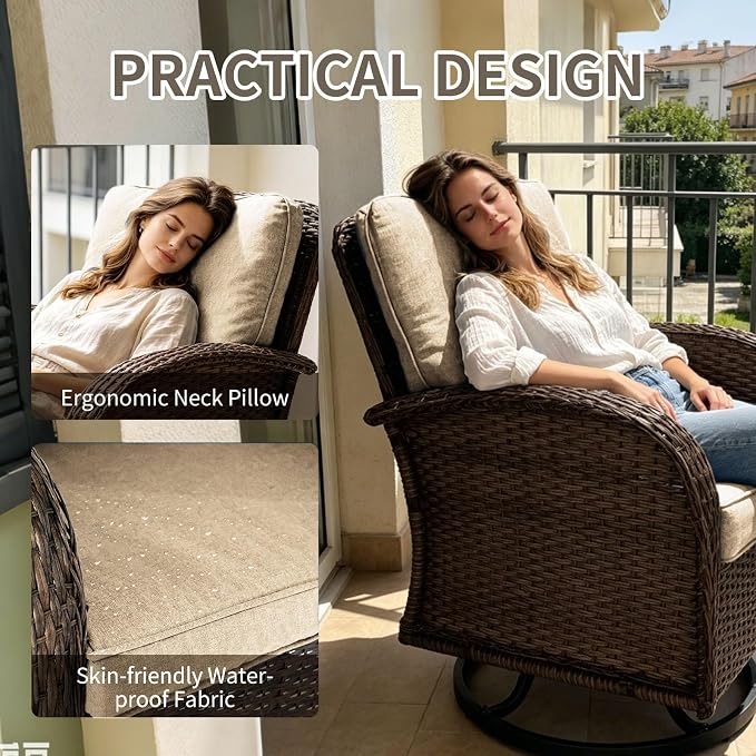 Outdoor Swivel Rocker Patio Chairs (Brown Wicker/Khaki Cushion, 5PC/Swivel & Side Table & Ottomans)