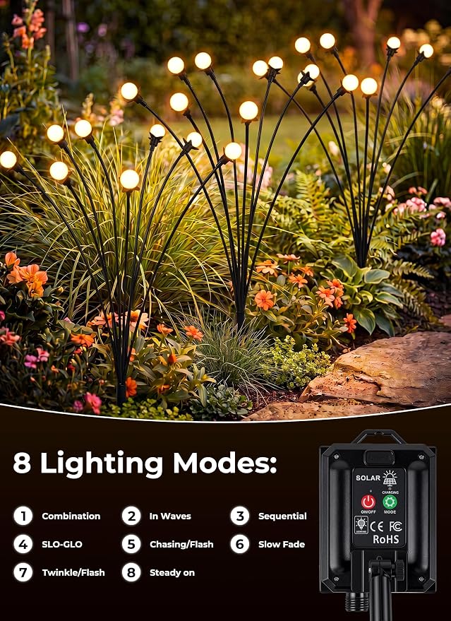 Brightown Solar Lights Outdoor,8Pack 64LED Solar Garden Lights Warm White | Swaying Firefly Waterproof, 8 Modes Solar String Light for Yard Patio Pathway Landscape Decoration Gifts