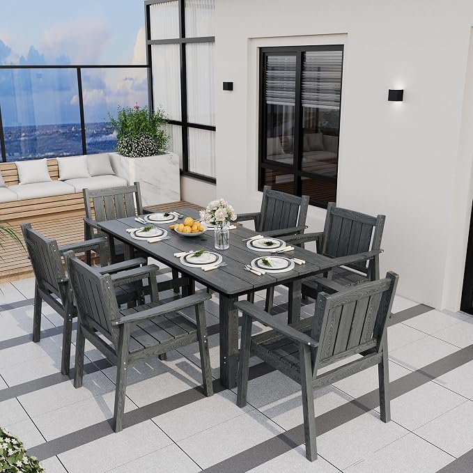 Pamapic 7 PCS Outdoor Dining Set, Spacious HDPE Outdoor Table and Chairs, Wood Grain Patio Furniture Sets with Elegant Armrest, All-Weather Outdoor Furniture with Umbrella Hole, Gray