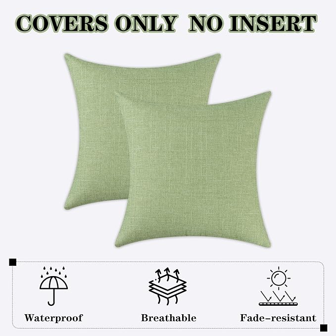 Kevin Textile Outdoor Waterproof 20”x20” Pillow Covers 2 Pack, Sage Green | Water Resistant, Soft Faux Linen-cotton Yarn-dyed Woven Texture Throw Pillow Covers for Tent Patio Garden Couch Sofa