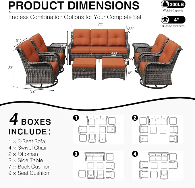 Joyside 9 Piece Wicker Patio Furniture Set, Outdoor Swivel Rocker Patio Chairs with High Back, Deep Seating, Wide Armrest, Thickened Cushions, Outdoor Furniture for Deck, Porch Use