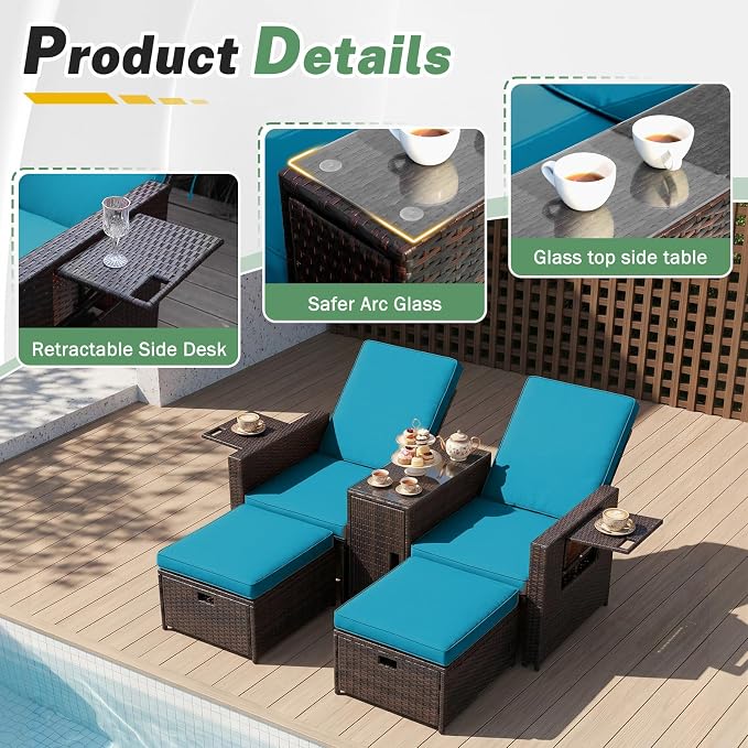 LVUYOYO 5 Piece Patio Furniture Set, Patio Wicker Conversation Set with Ottoman, Outdoor Chaise Lounge Chair with Side Table & Adjustable Backrest for Pool Backyard Garden (Brown Wicker Green Cushion)