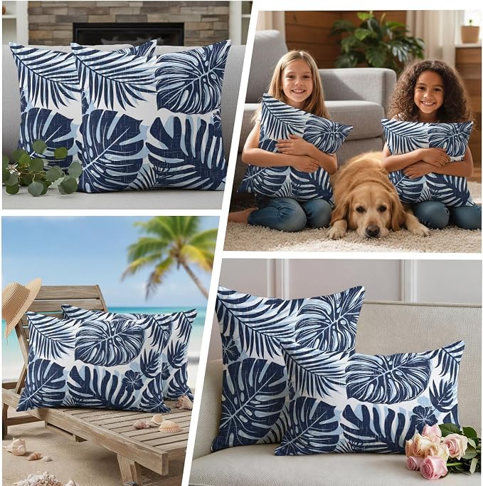 Navy Blue Palm Leaves Outdoor Pillow Covers 18"x18" Set of 2, Tropical Botanical Minimalist Modern Waterproof Throw Pillow Covers for Patio Furniture, Decorative Cushion Covers for Porch