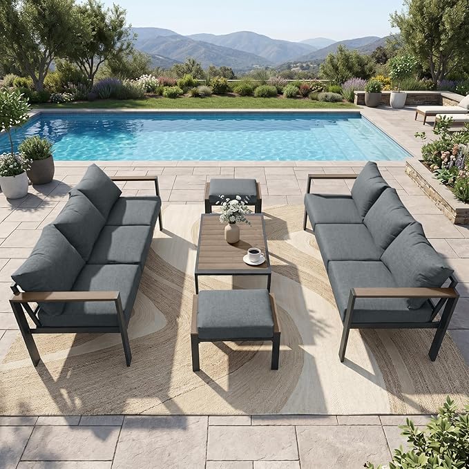Outdoor Patio Furniture Set 5 Pieces Luxury Aluminum Patio Conversation Set with Coffee Table 8 Seats, Thick Cushions, Large Sectional Sofa for Porch, Balcony, Deck, Yard, Gray