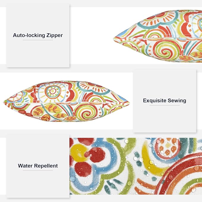 Pack of 2 Patio Throw Pillow Covers ONLY, Water Repellent Cushion Cases 20x20 Inch, Square Pillowcases for Outdoor Couch Decoration, Flower Multi