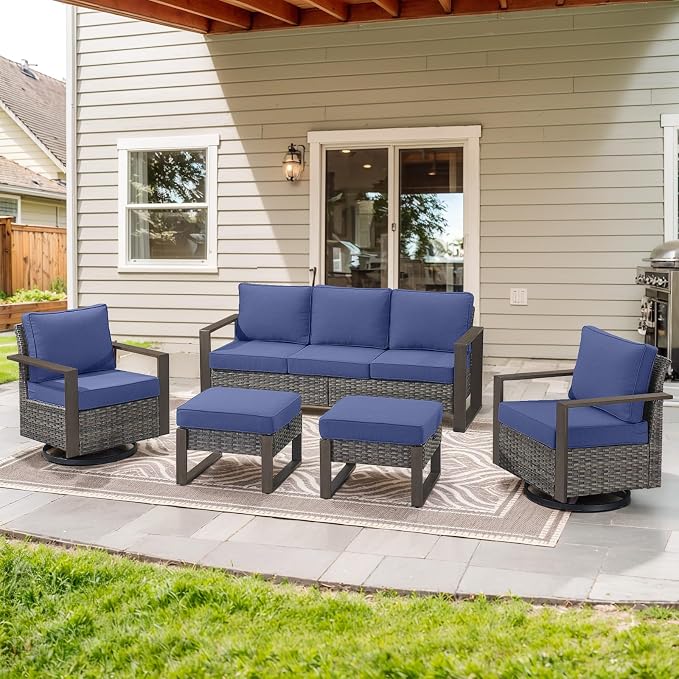 Belord 5 Piece Patio Furniture Set with Swivel Chairs, PE Wicker Patio Sofa Set Outdoor Swivel Rocker Patio Chairs with Anti-Rust Metal Wide Armrests for Deck Backyard Sunroom