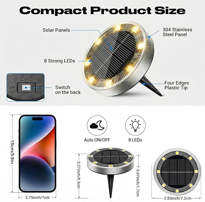 Solar Ground Lights Outdoor, 8 Pack Flat Solar Powered Disc Lights, IP68 Waterproof, Anti-Rust, Landscape Lighting for Pathway Garden Yard Lawn Walkway Landscape Driveway, Mini, Warm White