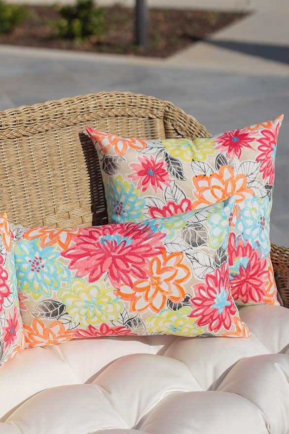 RSH DECOR: Square Throw Pillows Set of 4 | 17” x 17” | All-Weather Spun Fabric | Water and Fade-Resistant | Outdoor Accent Pillows for Patio Furniture | Bright Pink Multicolor Artistic Floral