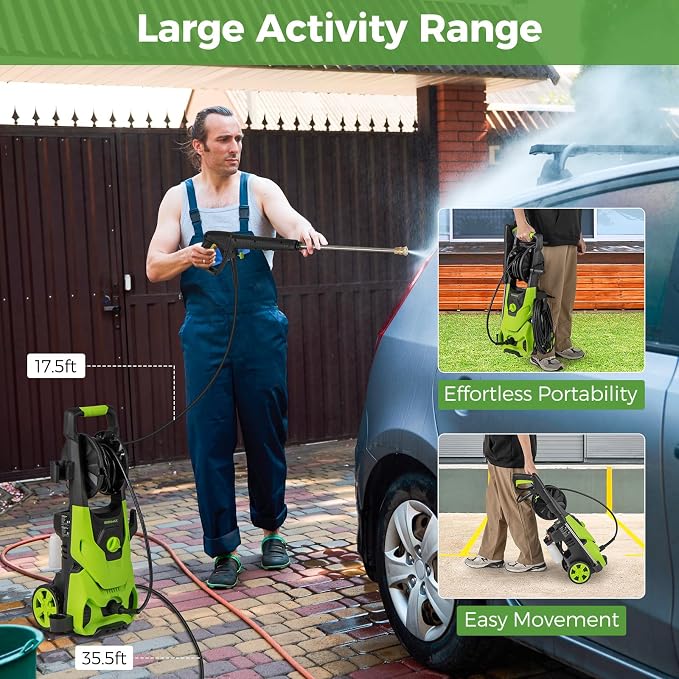 Goplus Electric Pressure Washer, 2150PSI 1.2GPM Power Washer with 4 Quick Connect Nozzles, Foam Cannon, 35.5 FT Cord & 17.5 FT Hose, Portable High Pressure Cleaning Machine for Car Fence