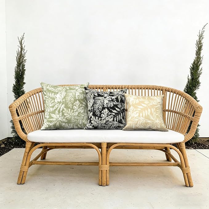 Outdoor Pillows with Insert 16x16 Inch, Waterproof Throw Pillow for Patio Furniture, Decorative Back Cushion for Garden Home Sofa Office Chair, Set of 2, Tropical Leaf Oat