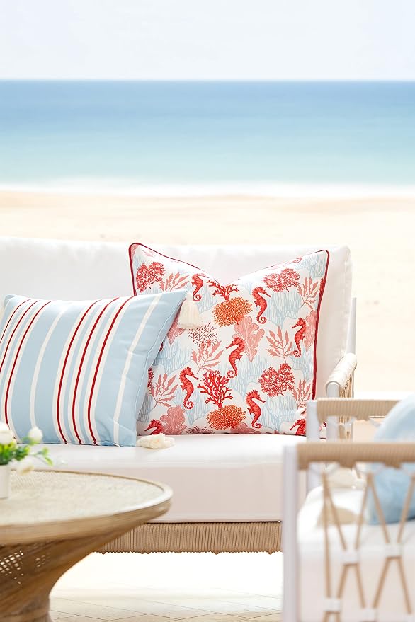 Hofdeco Premium Coastal Hampton Style Patio Indoor Outdoor Throw Pillow Cover Only, 18"x18" Water Resistant for Backyard, Couch, Baby Blue Red Stripe Tassel