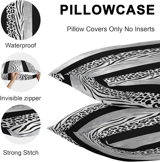Outdoor Waterproof Pillow Covers for Patio Black Grey Leopard Zebra Stripes Decorative Throw Pillow Cover Abstract Texture Collage Pillowcases Set of 2 Cushion Case for Sofa Couch Chair 18x18 Inch