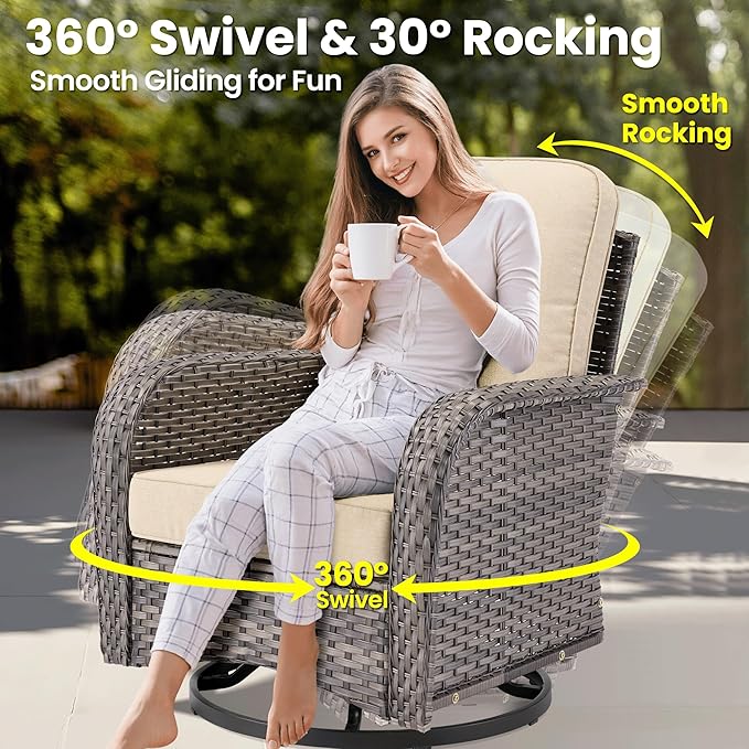 ovios 9 Pieces Patio Furniture Set, Outdoor Wicker Sofa Couch with Swivel Glider Chairs Solar Lights Table, Modern Deep Seat Rattan Conversation Sets for Deck Porch, Beige