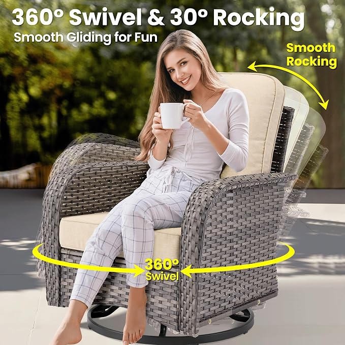 ovios 5 Pieces Patio Furniture Set, Outdoor Wicker Sofa Couch with Swivel Glider Chairs Solar Lights Table, Modern Deep Seat Rattan Conversation Sets for Deck Porch, Beige