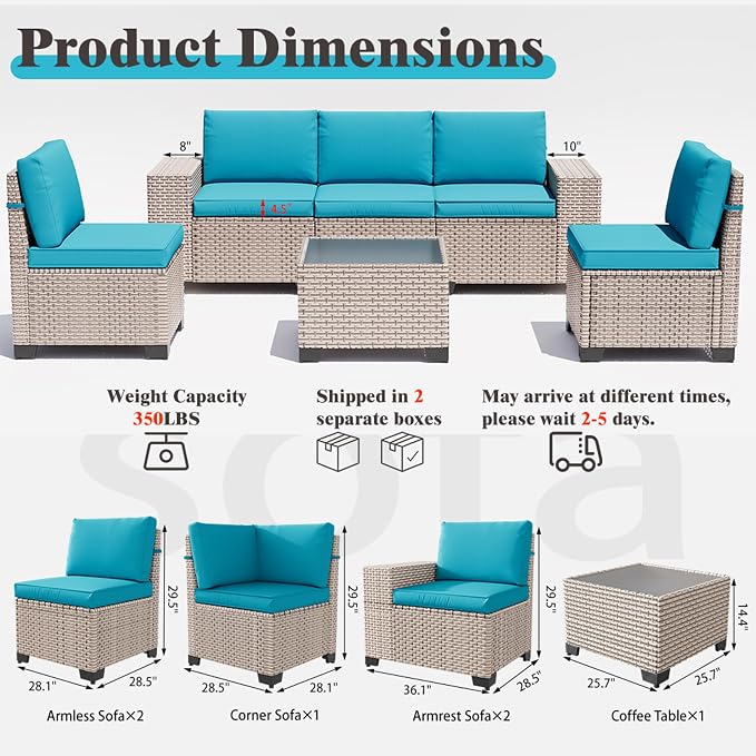 6 Pieces Patio Furniture Set, Outdoor Sectional Wicker Sofa with Thickened Cushions and Coffee Table, High Back Rattan Patio Conversation Sets for Garden Backyard, Cyan