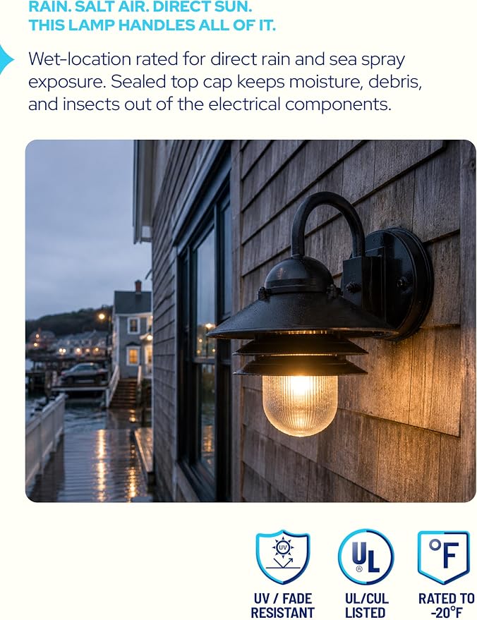 Nautical Outdoor Sconce Wall Mounted Light - Rust & Waterproof Non-Metallic Coastal Lantern - UL Listed Patio Deck Porch Front Door & Dock Lighting Fixture - USA Made, 13"x10", Matte Black | UL Listed Dock Light, Comes with Mounting Hardware, Salt Air ...