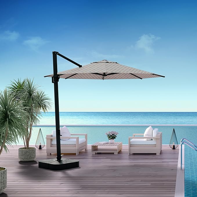 Midtown Umbrellas The Grande Round 10 FT Outdoor Cantilever Patio Umbrella w/Sunbrella Infused Gem Acrylic Fabric - 8 Rib Aluminum Frame Offset w/Tilt And 360° Rotate Pedal System - Black Frame