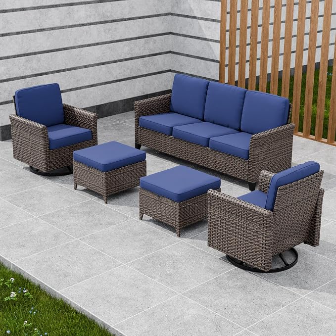 COOS BAY Harbor Retreat 5 Piece Outdoor Furniture Set, Patio Conversation Set with w/Swivel Rocking Chairs, 3 Seat Couch and Ottomans, Wicker Furniture, Brown/Blue